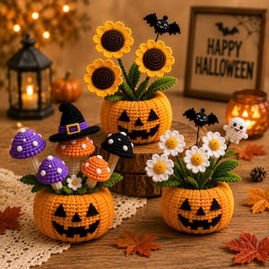 Vaso de flores de crochê para o Halloween, decoração de abóbora, fantasma, morcego, cogumelo, margarida, rosa, morango, tulipa e girassol.