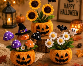 Decoración de calabaza, maceta de flores de Halloween tejida a crochet, murciélago fantasma, hongo, margarita, rosa, fresa, tulipán, girasol