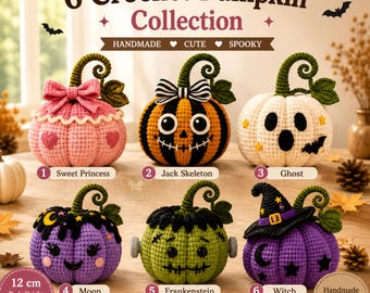Colección de peluches de calabaza hechos a mano con ganchillo