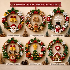 Puede incluir: Una colecci&oacute;n de seis coronas navide&ntilde;as de ganchillo circulares con temas festivos que incluyen a Santa, pan de jengibre, un mu&ntilde;eco de nieve, un reno, un &aacute;rbol de Navidad y una casa, decoradas con copos de nieve, acebo y regalos.