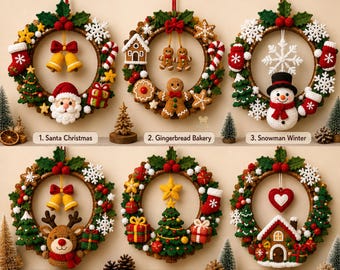 Corona navideña de ganchillo, decoración navideña hecha a mano para puertas, adorno navideño para pared.
