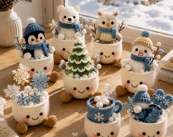 Decoración de invierno de ganchillo, muñeco de nieve hecho a mano, pingüino, oso, búho, regalo de escritorio