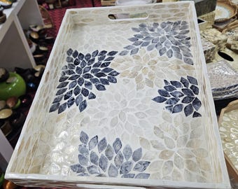 Handcrafted Mother of Pearl Rectangular Serving Tray – Iridescent Mosaic Coffee Table Decor