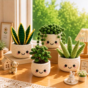 Puede incluir: Cuatro plantas en maceta tejidas a ganchillo con caras sonrientes. Una tiene hojas altas de color verde oscuro y amarillo, otra cuentas verdes colgantes, una es una suculenta densa y otra tiene hojas verticales de color verde claro. Cada una en una maceta de crochet crema.
