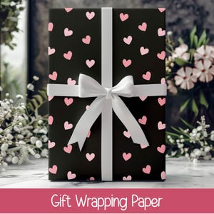 Gift Wrapping Paper | Pink Love Hearts on Black, Valentine&#39;s Day, Pink Black Seamless Design, Perfect for Mothers Day, Bestfriends Birthday