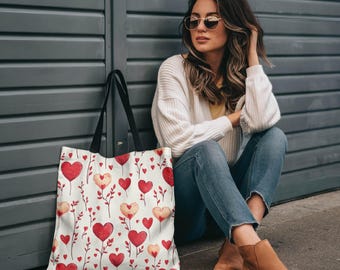 Tote Bag Valentine's Day | Love Hearts and Flower Vines, Romantic Watercolor Design, Cute Style, White Background, Red Pink Cream Colors