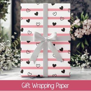 Gift Wrapping Paper | Black Love Hearts on Pink, Valentine&#39;s Day, Pink Black Seamless Design, Perfect for Mothers Day, Bestfriends Birthday