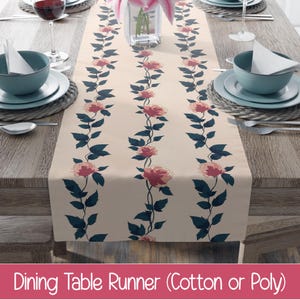 Cotton or Polyester Table Runner | Valentines Day Roses and Vines, Pink Roses, Dark Green Leaves, Spring Summer Dining Decor, Gift for Mom