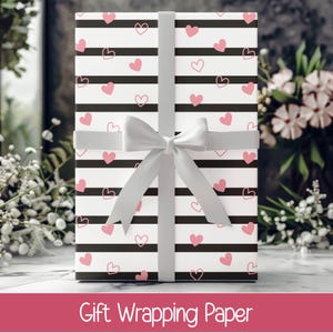 Gift Wrapping Paper | Pink Love Hearts with Black Lines, Valentine&#39;s Day, Pink Black Design, Perfect for Mothers Day, Bestfriends Birthday