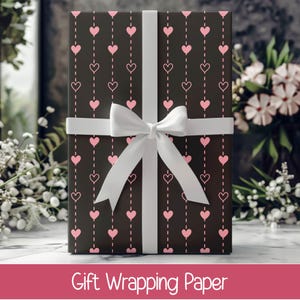 Gift Wrapping Paper | Pink Love Hearts on Black, Valentine&#39;s Day, Pink Black Seamless Design, Perfect for Mothers Day, Bestfriends Birthday