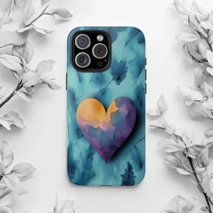 Aquarell Herz Design Handyhülle | Romantische abstrakte Kunst zum Valentinstag, Liebe, Zuneigung, Natur-Thema, Blau, Orange, Lila, Pastellfarben