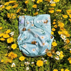 May include: A light blue reusable cloth diaper with a white daisy and bee print. The diaper has a white label that says "Little Baby".