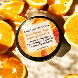 May include: A black jar with a white label that reads "EarthLight Emporium Blood Orange Tallow Sugar Lip Love Scrub Curated with Grass Fed/Finished Tallow & Organic Ingredients Net Wt.1 Oz | 30 G". The jar is surrounded by orange slices.