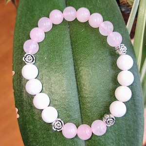Moonstone and Rose Quartz Stretch Bracelet | Free Matching Earrings | 8mm Gemstone Beads | Alloy Spacers | Length: 7 to 7.5 inc