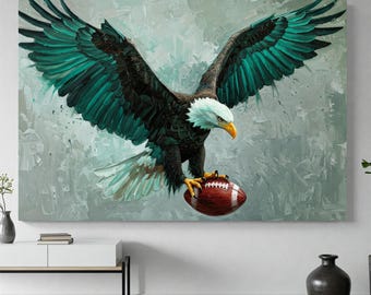 鷲のように立ち上がれオリジナル絵画、白頭鷲、オーロラと松林、青緑の