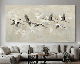 Olieverfschilderij kranen op doek: grote moderne muurkunst