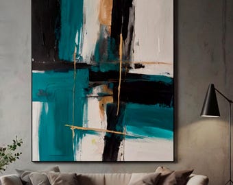 Pintura al óleo abstracta turquesa: arte mural contemporáneo original