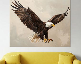 鷲のように立ち上がれオリジナル絵画、白頭鷲、オーロラと松林、青緑の