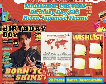 Retro Japanese Birthday Magazine Template: Customizable Canva Gift (PDF)