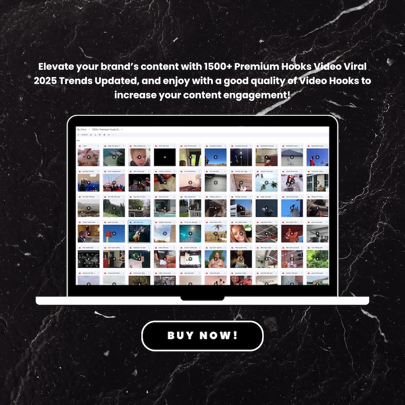 May include: A laptop screen displaying a grid of video clips. The text "Elevate your brand's content with 1500+ Premium Hooks Video Viral 2025 Trends Updated, and enjoy with a good quality of Video Hooks to increase your content engagement!" is visible at the top of the screen. A button that says "BUY NOW!" is below the laptop.