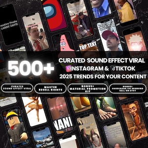 May include: A promotional image featuring multiple smartphones displaying various memes and video content. The image includes text that reads "500+", "Curated Sound Effect Viral", "Instagram & TikTok", and "2025 Trends For Your Content".