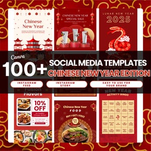May include: A collection of 100+ social media templates for Chinese New Year, featuring a red and gold color scheme with traditional Chinese imagery. The templates are designed for Instagram, Facebook, and other social media platforms. The text on the image reads "100+ Social Media Templates Year of the Snake Chinese New Year Edition".