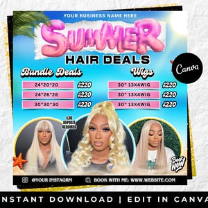 Summer hair deals,Hair Special Flyer, Hair Price List flyer, Hair Salon Wig Sale Price List Flyer, Hairstylist Wig Install Flyer, Hair Flyer