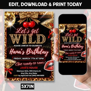 Puede incluir: Invitación de fiesta de cumpleaños con temática de estampado de leopardo. La invitación dice "Let's get WILD" y anuncia "Hara's Birthday" el 7 de marzo a las 8 PM. Incluye copas de martini, cerezas y una bola de discoteca.
