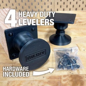 May include: Four heavy-duty black levelers with hardware included. The levelers have a round base with the text "BILDY" and are attached to a wooden block. A clear bag contains screws and other hardware.