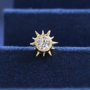 14K Solid Gold Diamond Sun Screw Back Stud, Real Diamond Helix Tragus Conch Internal Threaded, Sunburst Nose Cartilage Flat Back Piercing