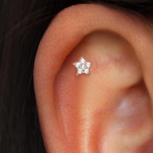 14K Solid Gold Diamond Floral Flat Back Earring, Bloom Cartilage Helix Threaded Pin  Piercing, Five Petals Tragus Nostril Screw Back Stud