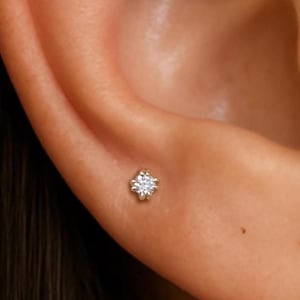 14K Solid Gold Double Claw-Prong Diamond Stud, Gold Solitaire Helix Tragus Threaded Pin, Conch Cartilage Labret Internal Threaded Flat Back