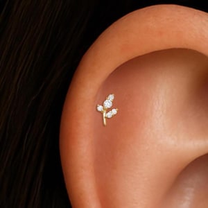 14K Solid Gold Moissanite Curved Leaf Internal Threaded, Branch Helix Conch Screw Flat Back Earring, Olive Leaf Cartilage Earlobe Piercing