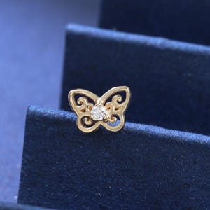 14K Solid Gold Diamond Butterfly Earring, Real Diamond Tragus Conch Internal Threaded Stud, Dainty Helix Cartilage Screw Flat Back Piercing