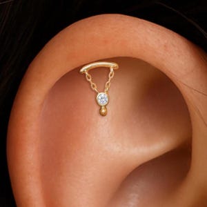 14K Solid Gold Dangle Diamond Hidden Helix Earring, Real Diamond Cartilage Internal Threaded, Gold Bead Earlobe Screw Flat Back Piercing 18G