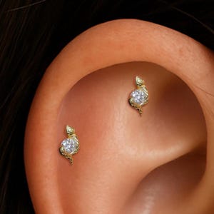 14K Solid Gold Diamond Twisted Snake Threaded Earring, Real Diamond Conch Helix Cartilage Earring, Serpent Tragus Nose Labret Flat Back Stud