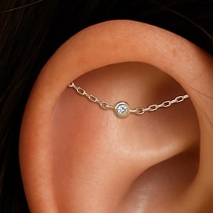 14K Solid Gold Tiny Bezel Setting Diamond Chain, Real Diamond Conch Cartilage Wrap Chain, Gold Layer Helix Industrial Nose Piercing Chain