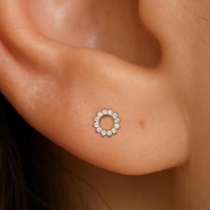 14K Solid Gold Diamond Circle Earring, Real Diamond Helix Conch Earlobe Internal Threaded, Dainty Halo Cartilage Screw Flat Back Piercing