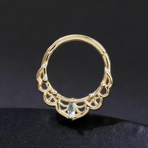 London Blue Topaz Floral Pattern Clicker Hoop, 14K Solid Gold Seamless Septum Helix Daith Ring, Blue Topaz Cartilage Huggie Hoop Clicker 18G