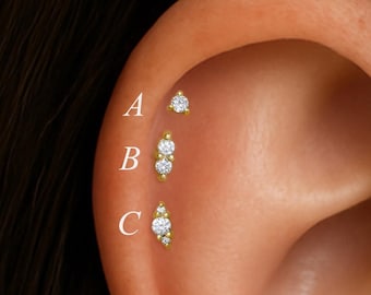 14K Solid Gold Diamond Tiny Internal Threaded Stud, Triple Diamond Nose Screw Back Piercing, Minimalist Helix Cartilage Conch Flat Back