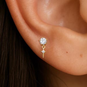 14K Solid Gold Dangle Diamond Internal Threaded, Shooting Star Helix Earlobe Flat Back Earring, Dainty Diamond Cartilage Screw Back Stud 18G