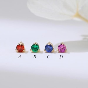 14K Solid Gold Colored Gemstone Stud, Single Stone Dainty Earring, Minimalist Sapphire Emerald Ruby Jewelry, Cartilage Helix Tragus Piercing