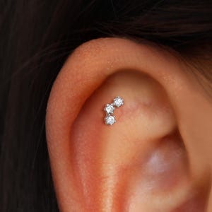 14K Solid White Gold Diamond Three Dot Internal Threaded, Real Diamond Tragus Screw Back Earring, Helix Earlobe Cartilage Climber Flat Back