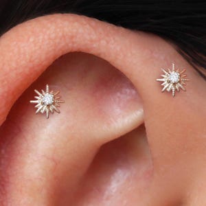 14K Solid Gold Diamond Starburst Helix Earring, Real Diamond Conch Tragus Internally Threaded, Gold Nose Cartilage Screw Flat Back Piercing