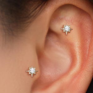 14K Solid Gold Diamond Star Screw Back Earring, Dainty Diamond Helix Cartilage Threaded Pin Stud, Gold Helix Conch Earlobe Flat Back Stud