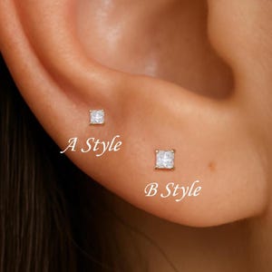 14K Solid Gold Square Diamond Internal Threaded Stud, Princess Cut Moissanite Helix Conch Earring, Cartilage Nose Labret Screw Flat Back 18G