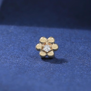 14K Solid Gold Diamond Flower Threaded Pin Earring, Gold Floral Cartilage Helix Flat Back Earring, 14K Conch Tragus Nose Earlobe Piercing