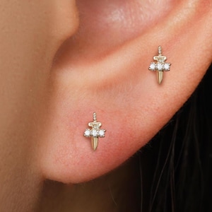 14K Solid Gold Diamond "Sword" Threaded Pin Earring, Diamond Frontal Helix Screw Back Stud, Conch Tragus Cartilage Nose Flat Back Piercing