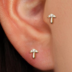 14K Solid Gold Diamond Mushroom Screw Back Stud, Dainty Helix Earlobe Internal Threaded, 14K Fungus Tragus Conch Cartilage Nose Piercing