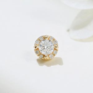 14K Solid Gold Diamond Flower Internal Threaded Earring, Pave Diamond Helix Conch Stud, Floral Nose Cartilage Screw Flat Back Piercing 18G